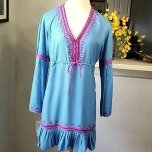 Mods international Bohemian, style dress, medium blue with purple enbroidery. M